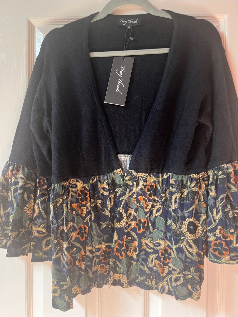 NWT Young Threads Black Floral Mixed-Media Cardigan